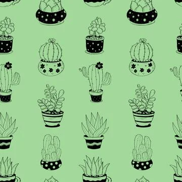 Seamless pattern with flowerpots exotic cacti on green background. Vector i.. Stock Illustration