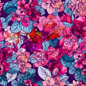 Seamless pattern, flowers with alcohol ink texture Stock Illustration