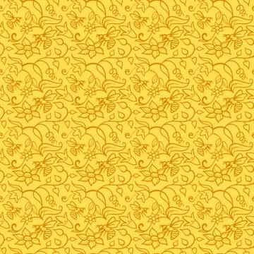 Seamless pattern with flowers and bees. Beautiful linear yellow abstract back Stock Illustration