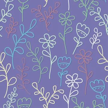 Seamless pattern with flowers and branches. Lilac background. Stock Illustration