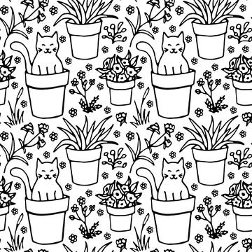 Seamless pattern with flowers and cat. Cat in a flower pot. Gardening. Stock Illustration
