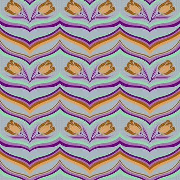 Seamless pattern with flowers and curving elements in beige and purple tones Illustrazione stock