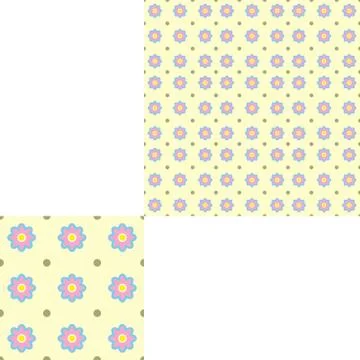 Seamless pattern of flowers and dots on the yellow background with pattern .. Stock Illustration