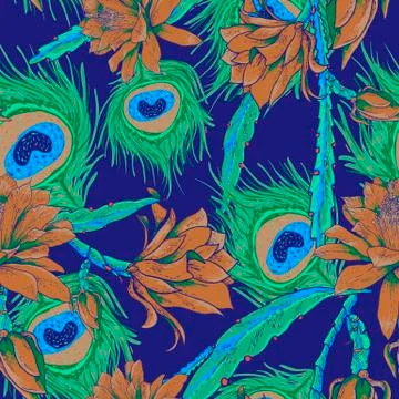 Seamless pattern with flowers and feathers Stock Illustration