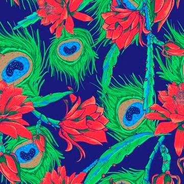 Seamless pattern with flowers and feathers Stock Illustration