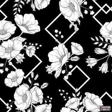 Seamless pattern with flowers and geometric figures on black background. Stock Illustration