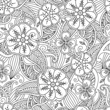 Seamless pattern with flowers and leafs in doodle mendie style Illustrazione stock