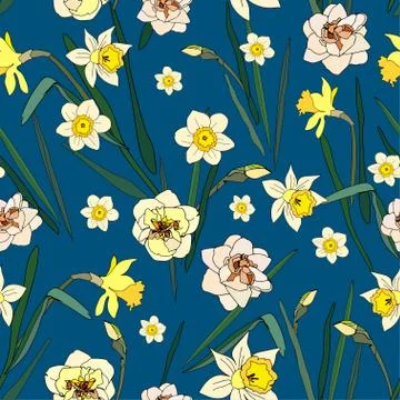 Seamless pattern with flowers and leaves of roses, peonies and daffodils. Tro Stock Illustration