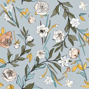 Seamless pattern with flowers and leaves of roses, peonies and daffodils. Tro Stock Illustration