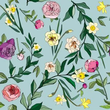 Seamless pattern with flowers and leaves of roses, peonies and daffodils. Tro Stock Illustration