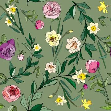 Seamless pattern with flowers and leaves of roses, peonies and daffodils. Tro Stock Illustration