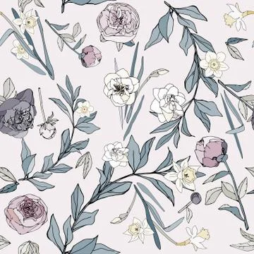 Seamless pattern with flowers and leaves of roses, peonies and daffodils. Tro Stock Illustration