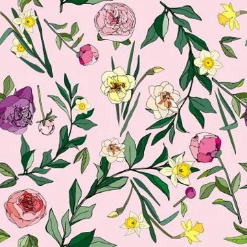 Seamless pattern with flowers and leaves of roses, peonies and daffodils. Tro Stock Illustration