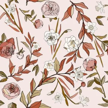 Seamless pattern with flowers and leaves of roses, peonies and daffodils. Tro Stock Illustration
