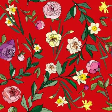 Seamless pattern with flowers and leaves of roses, peonies and daffodils. Tro Stock Illustration