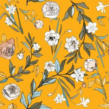 Seamless pattern with flowers and leaves of roses, peonies and daffodils. Tro Stock Illustration