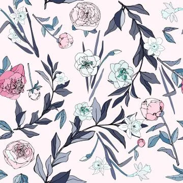 Seamless pattern with flowers and leaves of roses, peonies and daffodils. Tro Stock Illustration