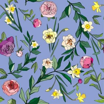 Seamless pattern with flowers and leaves of roses, peonies and daffodils. Tro Stock Illustration