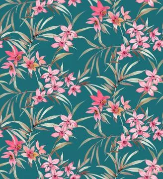 Seamless pattern with flowers and leaves on green background. Stock Illustration