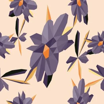 Seamless pattern with flowers and leaves low poly style Illustrazione stock