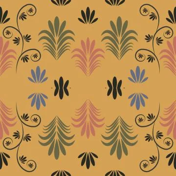 Seamless pattern with flowers and leaves hohloma style Stock Illustration