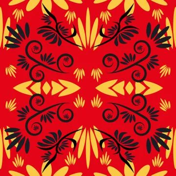 Seamless pattern with flowers and leaves hohloma style Stock Illustration