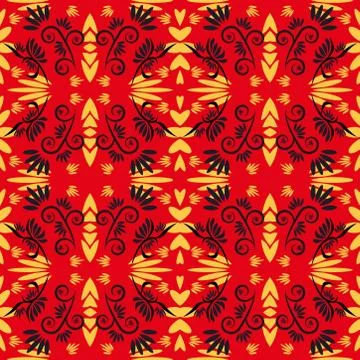 Seamless pattern with flowers and leaves hohloma style Stock Illustration