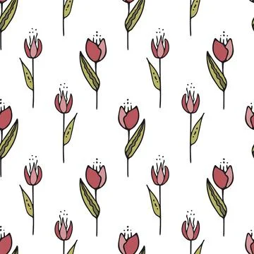 Seamless pattern with flowers and leaves. Vector hand drawn illustration. Stock Illustration