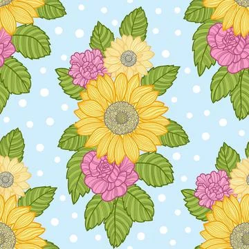 Seamless pattern with flowers and leaves. Vector Stock Illustration