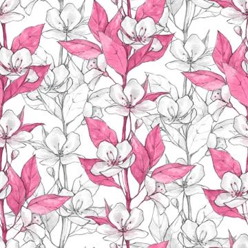 Seamless pattern with flowers and pink leaves Stock Illustration