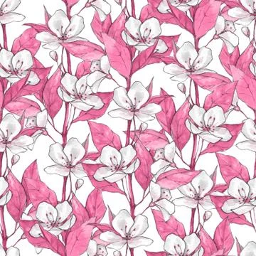 Seamless pattern with flowers and pink leaves Illustrazione stock