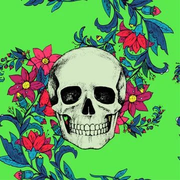Seamless pattern with flowers and skull on green background. Stock Illustration