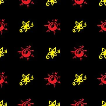 Seamless pattern of flowers and sun on black Stock Illustration
