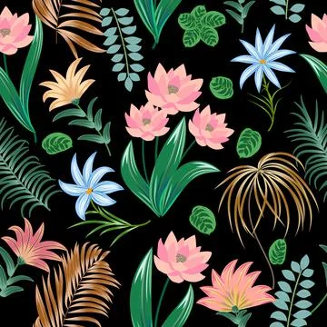 Seamless pattern with flowers and tropical palm leaves, jungle vector  backgr 스톡 일러스트