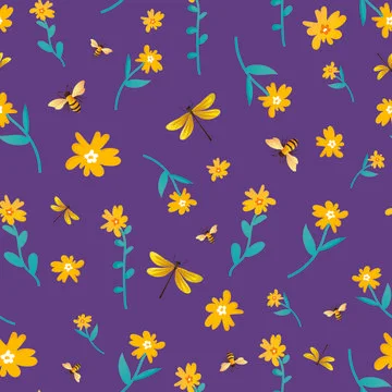 Seamless pattern with flowers, bees and dragonflies. Stock Illustration