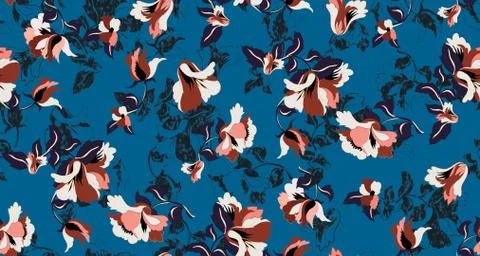 Seamless pattern with flowers on blue background. Patch for fabric textile print Stock Illustration
