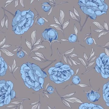 Seamless pattern with flowers of blue peonies, with gray leaves on a gray Stock Illustration