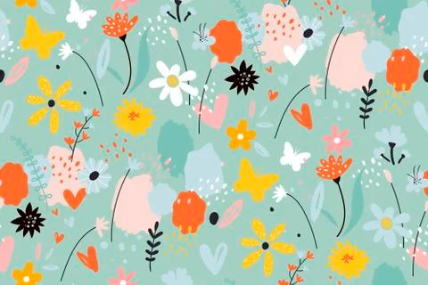 Seamless pattern with flowers, branches, leaves. Creative floral texture Stock Illustration
