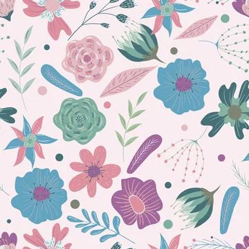 Seamless pattern of flowers in cartoon style flat Stock Illustration
