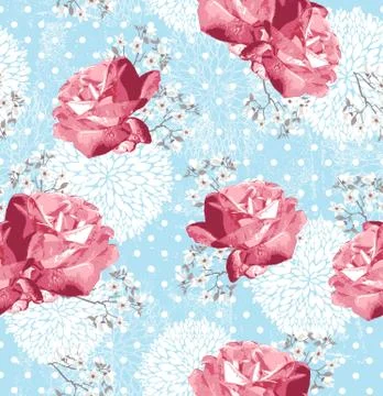 Seamless pattern with flowers  floral background with roses and cherry blosso Stock Illustration