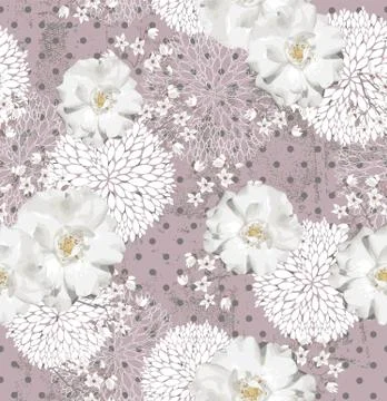 Seamless pattern with flowers  floral background with roses and cherry blosso Stock Illustration