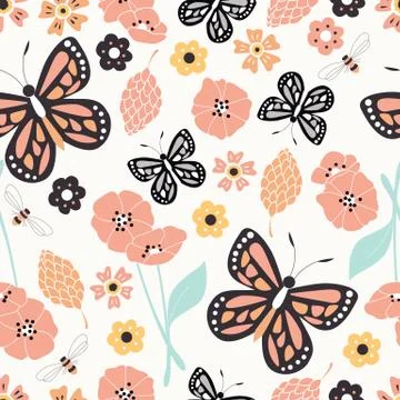 Seamless pattern with flowers, floral elements and butterflies, nature life Stock Illustration