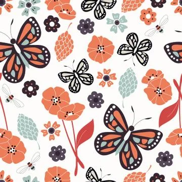 Seamless pattern with flowers, floral elements and butterflies, nature life Stock Illustration