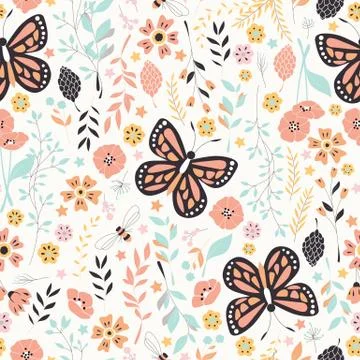 Seamless pattern with flowers, floral elements and butterflies, nature life Stock Illustration