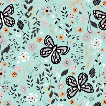 Seamless pattern with flowers, floral elements and butterflies, nature life Stock Illustration