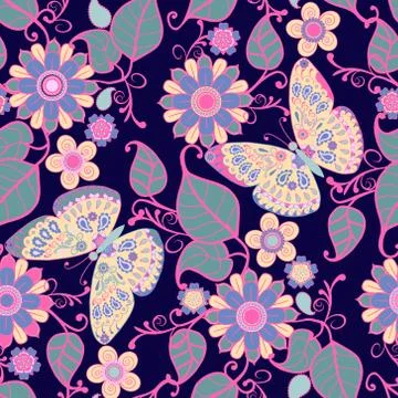 Seamless pattern with flowers, floral elements and butterflies Stock Illustration