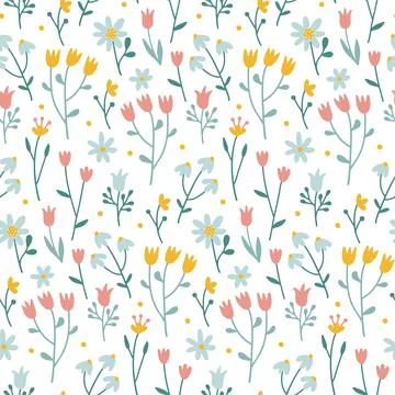 Seamless pattern with flowers in folk hand drawn style. Botanical ornament with Stock Illustration