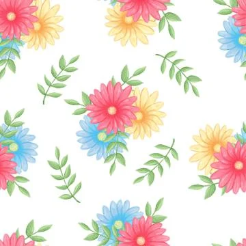 Seamless pattern flowers, forest green, gray leaves garland, white background Stock Illustration