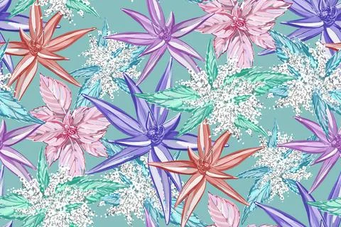 Seamless pattern. Flowers grass leaves on a mint background. Endless wallpaper Stock Illustration