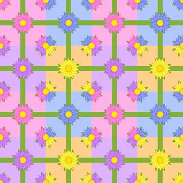 Seamless pattern of flowers with green ribbons on colorful squares Stock Illustration
